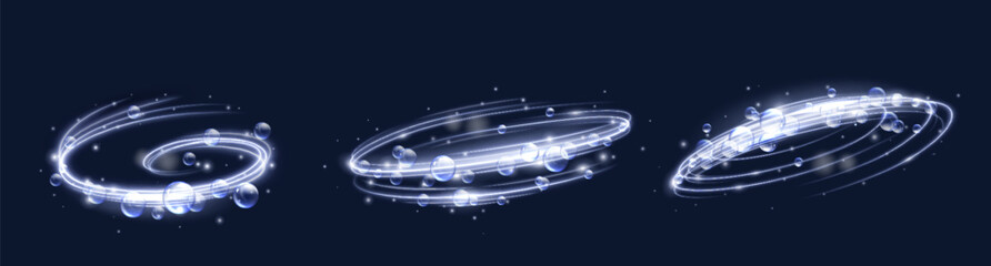Poster - bubble swirl effect designs with transparent circular shapes, glowing blue edges and floating sphere