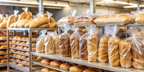 Wall Mural - Bread packaging with assorted loaves in clear plastic bags, bakery storage