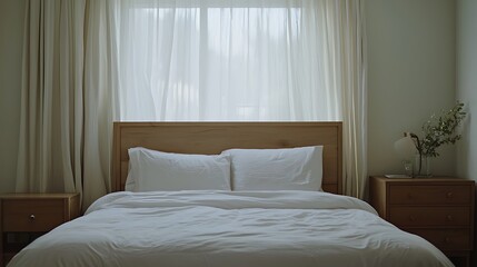 Wall Mural - A white bed with two pillows and a wooden headboard