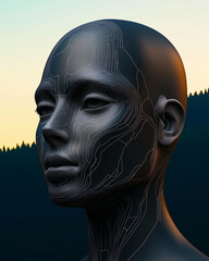 Aufkleber - Mannequin head abstract portrait in digital art style with contour lines against a serene background