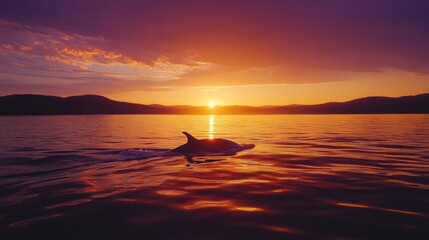 Poster - A magnificent whale swims gracefully beneath a stunning sunset, its silhouette cutting through the calm waters