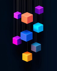 Poster - Suspended cubes in colorful minimalist abstract graphic design against a dark background