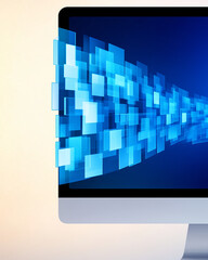 Poster - Computer monitor with digital display and blue graphics creating a modern technological background