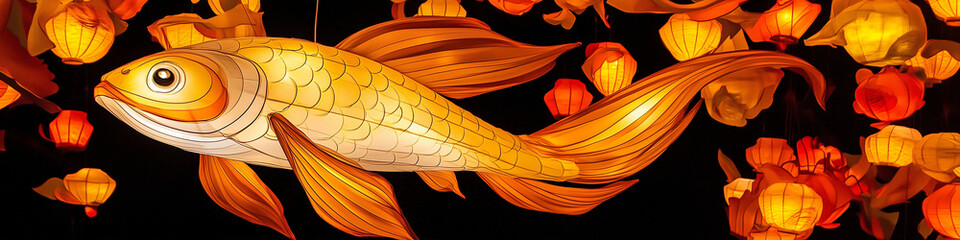 Poster - Goldfish swimming among floating lanterns in vibrant colors
