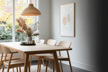 Wall Mural - Modern dining room interior design with wooden furniture and natural light