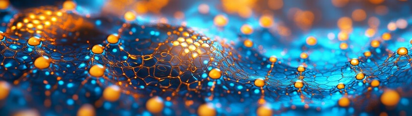 Fototapete - Abstract blue and orange glowing spheres connected by network.