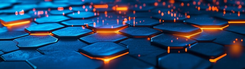 Poster - Abstract hexagonal pattern with glowing orange lines.