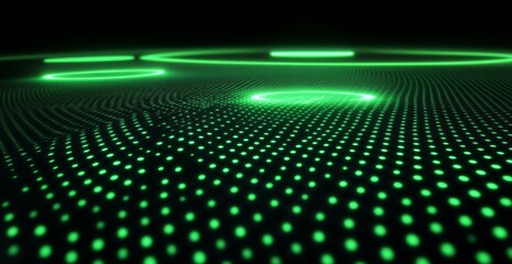 Poster - Abstract green glowing circles and dots on dark background.