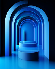 Poster - Geometric shapes with abstract design in a blue background featuring curves and structures