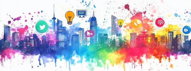 Poster - Colorful city skyline with social media icons and lightbulbs, representing digital marketing and innovation.