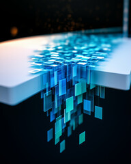 Poster - Digital pixels flowing from a futuristic technology interface creating an abstract data visual