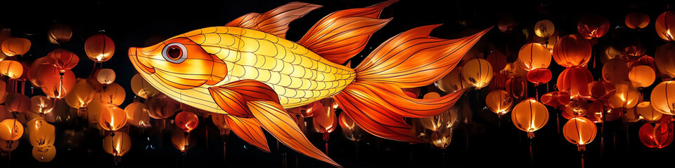 Poster - Goldfish swimming among colorful lanterns in vibrant night scene