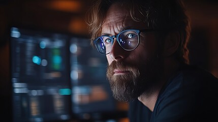 Focused man working late at computer.