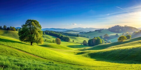 Wall Mural - Hillside landscape under clear blue sky, serene landscape, outdoors,  serene landscape