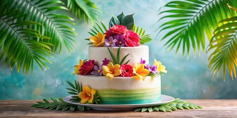 Wall Mural - Colorful tropical paradise birthday cake decorated with palm leaves and exotic flowers in a bright and vibrant design, dessert table, palm leaves