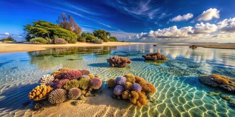 Wall Mural - Sandy beach at low tide with shallow clear water and colorful coral formations, serene atmosphere , clear shallow water