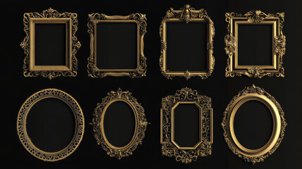 Medieval golden frame vector set. Vintage empty shiny border round shape. Luxury label for interface ui ux game. Glossy award or rank ring badge. Fantasy menu button design element