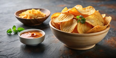 Wall Mural - Crispy cassava chips in a bowl with a side of tangy dipping sauce, dipping sauce, cassava chips,  dipping sauce,cassava chips