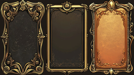 RPG game buttons. Golden empty frames. Medieval gold or metal elements for user interface. Bronze or silver decorations. Fantasy gaming metallic borders set. Vector recent illustrations