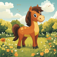 Wall Mural - A cartoon horse is standing in a field of flowers