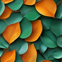 Poster - Abstract Seamless Background Featuring Vibrant Green and Orange Leaves in a 3D Rendered Style for Creative Projects and Designs