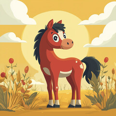 Wall Mural - A cartoon horse is standing in a field of flowers