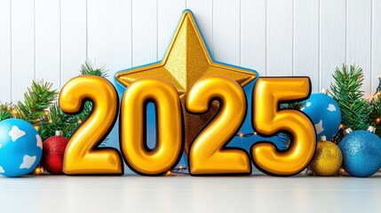 Wall Mural - A photostock of a magical holiday scene with a glowing golden Christmas star and bold 