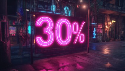 Canvas Print - A vibrant neon pink sign offering a 30% discount stands out against a dark wall, promoting a Black Friday sale with eye-catching retail signage for an effective marketing campaign.