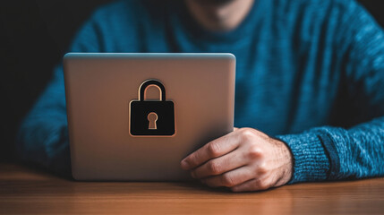 Fototapete - Secure laptop with padlock symbol, representing cybersecurity and data protection. person is focused on their device, emphasizing importance of online safety and privacy