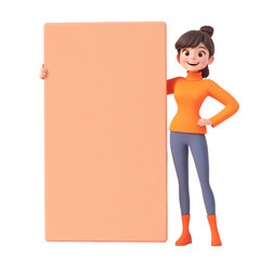 Poster - A cheerful 3D cartoon girl in an orange sweater holds a large blank peach-colored sign.