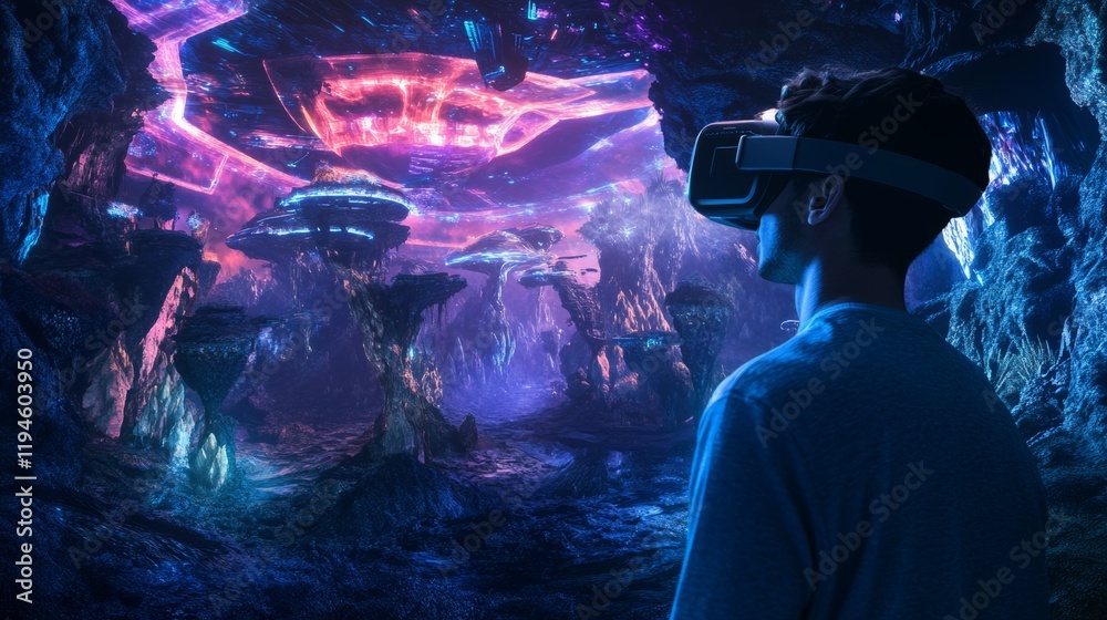 A gamer immersed in a virtual reality world with futuristic landscapes ...