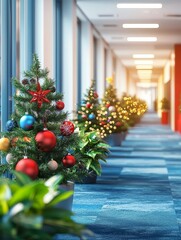 Wall Mural - A festive corridor adorned with colorful Christmas trees, decorated with ornaments and lights, creating a cheerful holiday atmosphere.