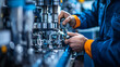 © Jack - Close-up of a technician calibrating a machine component in a bright, clean factory environment