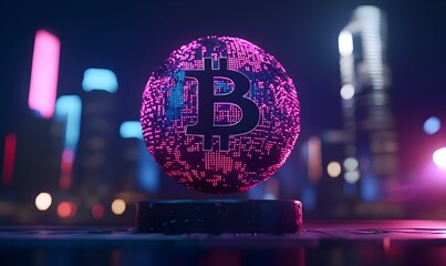Poster - Dynamic 3D hologram of a globe showcasing vibrant cryptocurrency icons in a futuristic, tech-inspired environment