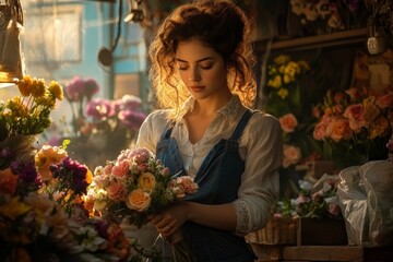 Poster - Elegantly dressed in a vintage style, a woman arranges flowers in a softly lit shop, creating an ambiance of gentle tranquility and artistic finesse.