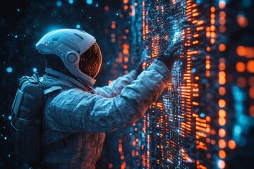 Poster - An astronaut in a futuristic suit interacts with a glowing digital wall in space, symbolizing the connection between humanity and advanced technology.