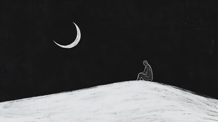 Wall Mural - A man sits on a hill at night, looking up at the moon