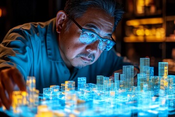 Poster - a man wearing glasses intently examines a glowing 3d model of a city on a table, showcasing futurist