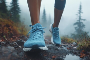 A hiker, wearing blue shoes, navigates a rugged, foggy mountain trail, embodying the adventurous spirit and resilience of exploring breathtaking natural landscapes.