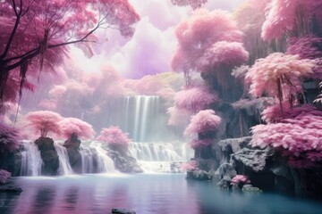 Wall Mural - Ethereal Waterfall Sanctuary waterfall landscape outdoors.