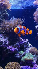 Aufkleber - A captivating underwater world unfolds as vibrant clownfish dart among swaying anemones, surrounded by brilliant corals in shades of purple and green, showcasing marine biodiversity