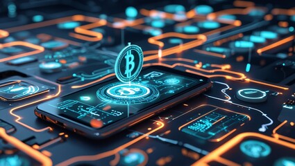 a high-tech visualization of the future of banking, with elements like digital currency, cloud compu