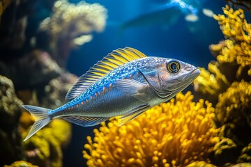 Aufkleber - A brightly colored fish swims through a vibrant underwater scene, surrounded by coral reefs and bathed in natural light, capturing marine life's essence.