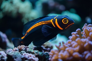 Aufkleber - A stunning fish with bright orange stripes swims gracefully among coral formations, showcasing a vivid contrast against the serene ocean backdrop.