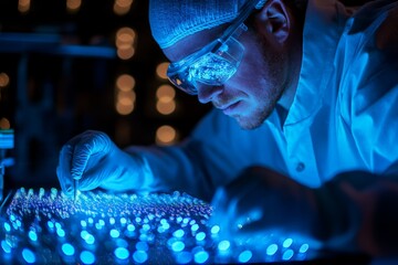 Leinwandbilder - A scientist in protective gear inspects a glowing blue light panel, concentrating on the intricate details, illustrating precision and advanced technology.