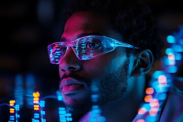 Poster - A man wearing transparent futuristic glasses is surrounded by intricate digital graphics, symbolizing technology and innovation in a modern world.