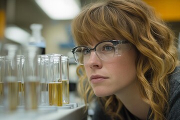 Aufkleber - A determined woman scientist with safety glasses carefully scrutinizes several test tubes, embodying analytical thinking, precision, and a quest for knowledge in modern science.