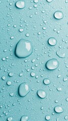 Poster - Water droplets gather on a smooth blue background, reflecting light and creating a vibrant display of nature's beauty
