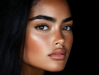 Wall Mural - A close up of a woman's face with freckles on her face