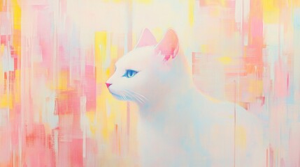 Poster - This artwork features a playful blend of vibrant watercolor strokes alongside a charming white cat in an imaginative setting